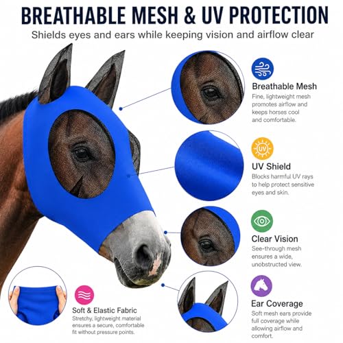 Sanwuta 12 Pcs Horse Fly Masks with Ears, Breathable Mesh UV Protection Horse Face Masks, Soft Elastic Comfortable Fit for Riding Outdoor Summer Supplies Bulk (Medium)